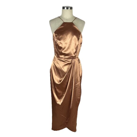 AFTER SIX 6829 Toffee Copper Straight Charmeuse Halter Midi Dress Size 10R NWT - Picture 1 of 7